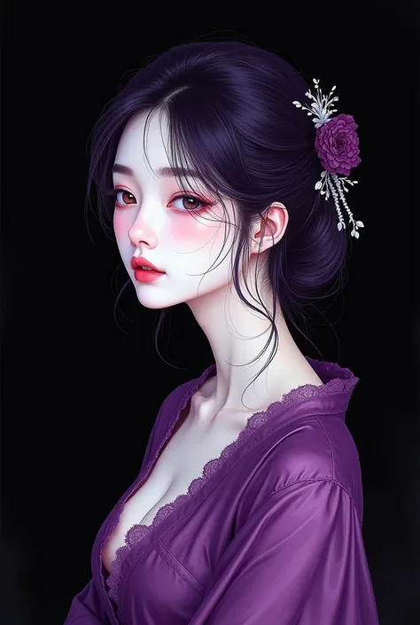 purple and white ink drawing on a black background, a beautiful Korean woman, beauty erotic, sexy sexy illustration, captivating imagination, by Todd Lockwood, finely drawn, Nikon Reflex, Nvidia Graphics, gothic work of art, Japanese modesty