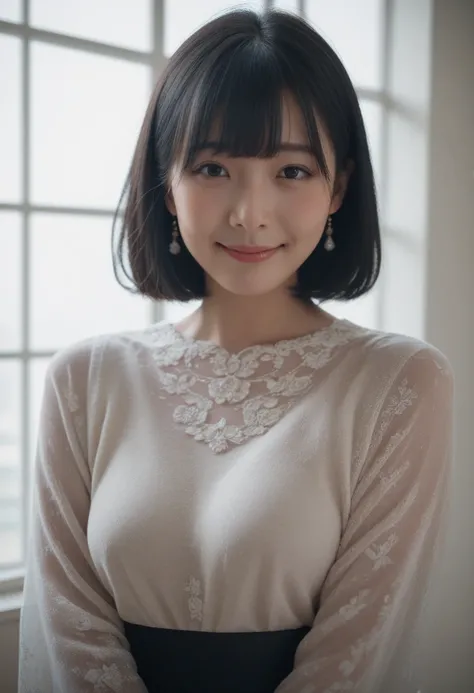 Photorealistic,Japanese,black hair,medium hair,bangs,busty,elegant,long sleeves,shy,smile