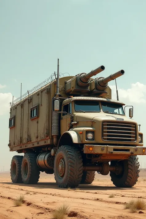 Make me a truck with a house thats heavily fortified with tank turrets bunkers barbed wire electric fences with armor plating