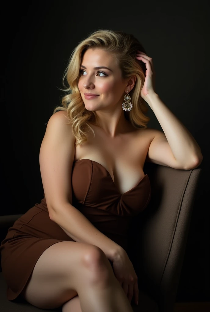 The image is a portrait of a young european white  curvy woman sitting on a chair. She is wearing a strapless brown dress with a sweetheart neckline and her blonde hair is styled in loose curls. The woman is looking off to the side with a thoughtful expres...