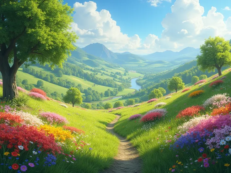 Create an image of a very beautiful and flowery landscape spring season