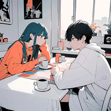 (masterpiece, best quality),(ultra highres, ultra-detailed:1.2),pop-style,flat-color,A boy and a girl sitting across the table and drinking morning coffee,in his room,20yo,simple,minimal,happy atmosphere,