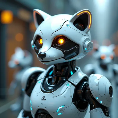 A highly detailed cybernetic raccoon robot with a futuristic design, featuring a sleek white and metallic body. The head has smooth, friendly raccoon-like facial features with glowing golden eyes and intricate mechanical components. The body has glowing bl...