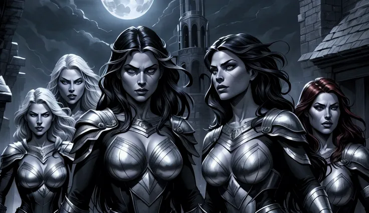 A dramatic fantasy scene, 5 women breaking free from chains under the silver moonlight, comic book style simple digital painting, detailed faces, beautiful eyes, intricate costumes, dramatic lighting, vivid colors, moody atmosphere, dynamic poses, detailed...