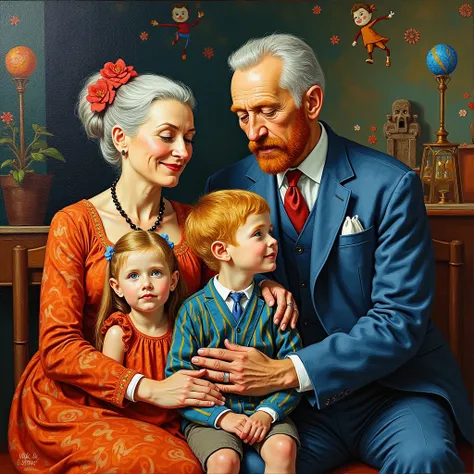 Oil painting style van Gogh ,  Kirmis early 20th century ,  Grandma and grandpa with granddaugther and grandson