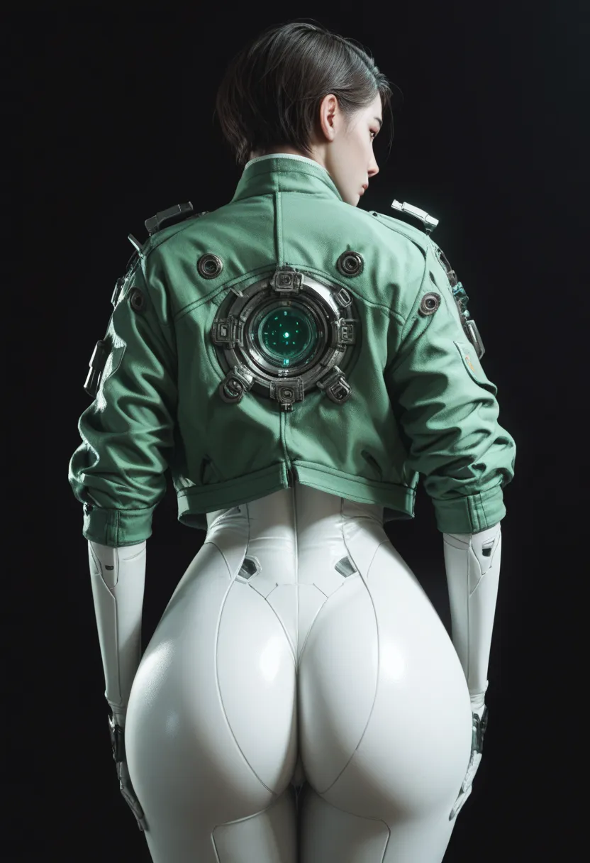 1girl,solo,black background,cowboy shot,,ruanyi0812,white bodysuit,skin tight,science fiction,green jacket,open jacket,bent over...