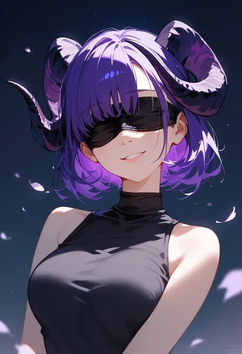 girl,Dark purple hair, multi-colored eyes, purple hair, With Black Curved Horns, medium breasts, long-sleeved shirt, closed hands ,awestruck,Chilling Chills ,,smile,Blindfold black ,