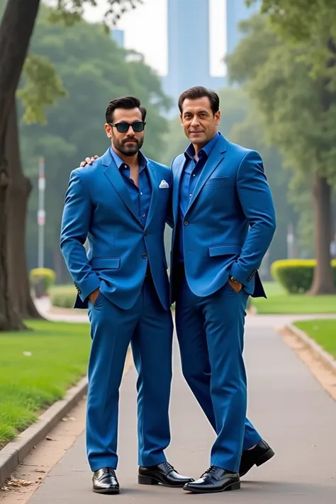 Want to take a picture with Bollywood artist Salman Khan both in blue pants jacket against city park background