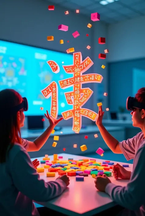 "A modern educational environment where university students are wearing Apple Vision Pro headsets, learning Chinese characters through augmented reality. The students are interacting with colorful, floating LEGO blocks in a futuristic classroom. The blocks...