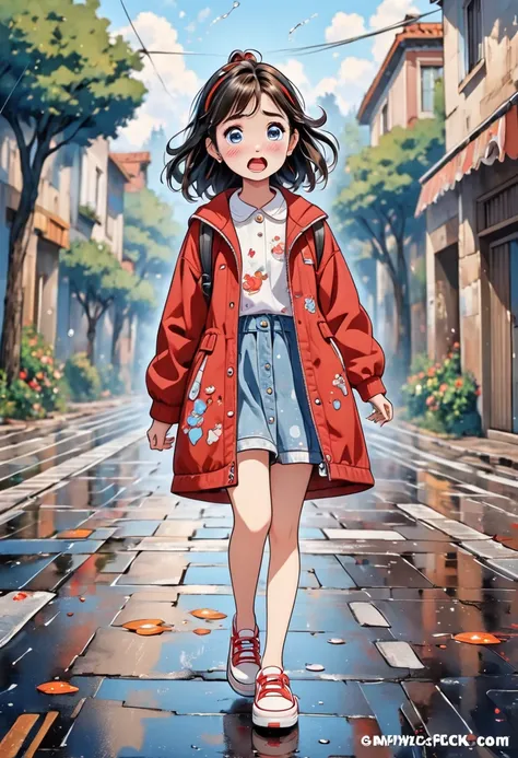 a cartoon picture of a cute looking girl walking on the road with some shoes and one of the shoes are pointed in a strange way, 1girl, shoes, artist name, crying, tears, solo, open mouth, watermark, twitter username