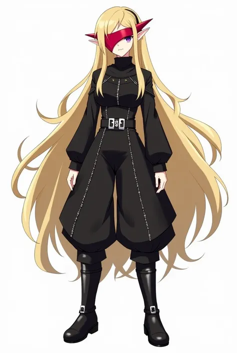 The image shows an illustrated character with a stylized, genshin-artstyle design. The character has very long, flowing blonde hair that reaches down past their waist. They are wearing a black outfit with layered, flowing elements, giving a somewhat futuri...