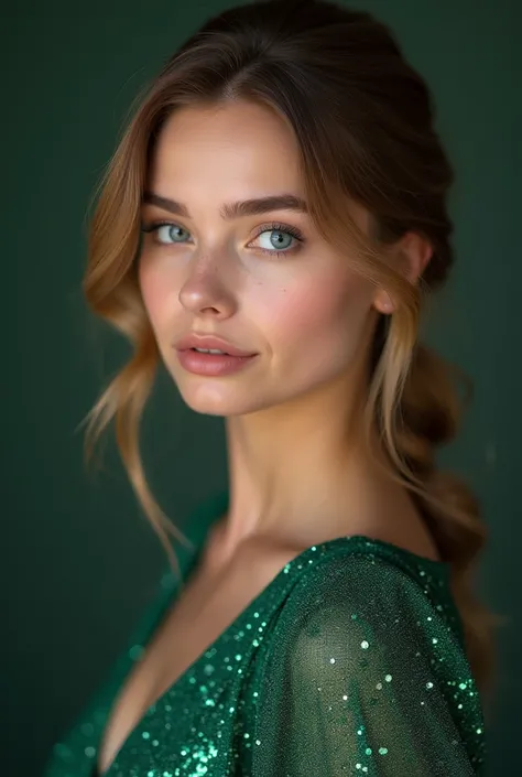  Close-up of a 30-year-old girl in an emerald glitter dress,  model posing for a photo , Photo of a beautiful girl, Soft portrait 8 K ,  beautiful model girl , Портрет  beautiful model girl  с русыми волосами,  extremely beautiful face with blue eyes ,  be...