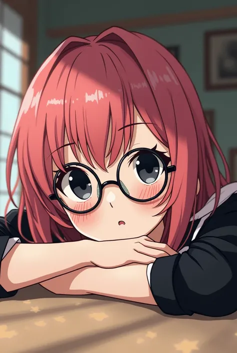 pink hair woman, black eyes ,freckles,  round glasses, black and white clothes ,lying on her arms looking at the front lens,anime, Studio Ghibli 