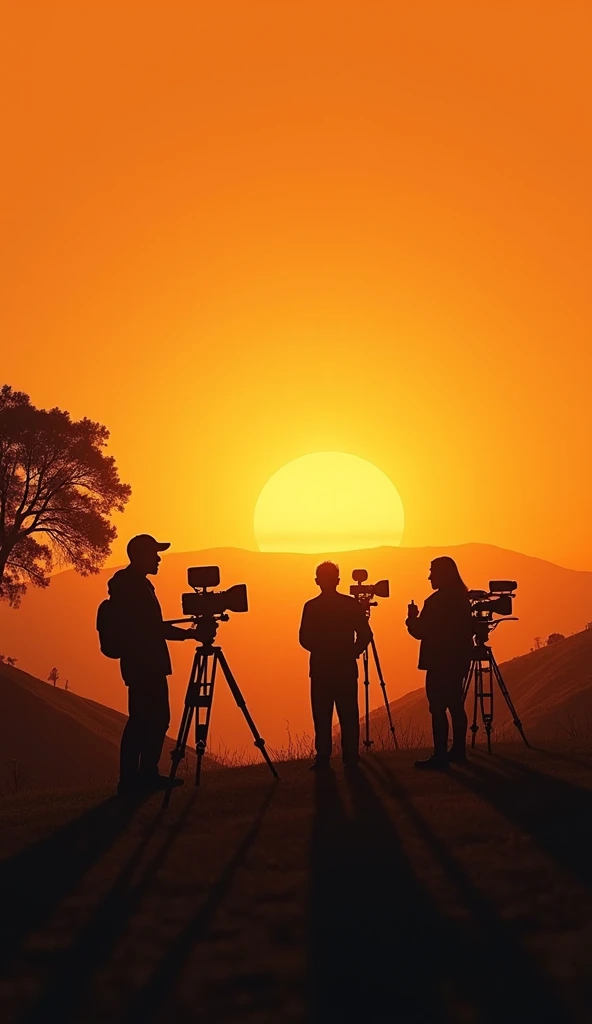 "A cinematic scene with a warm orange sunset in the background, casting long shadows. Silhouettes of a film production crew are visible, including a camera operator, director, and actors. The setup includes a camera on a tripod, a boom crane, and other equ...