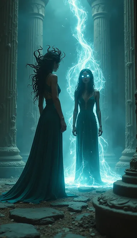 "A cinematic scene featuring Medusa and her sister in an ancient, dark temple. Medusa stands confidently, her glowing eyes focused on a distant target, her serpentine hair twisting around her head. Beside her, her sister exudes a powerful aura, with her ow...