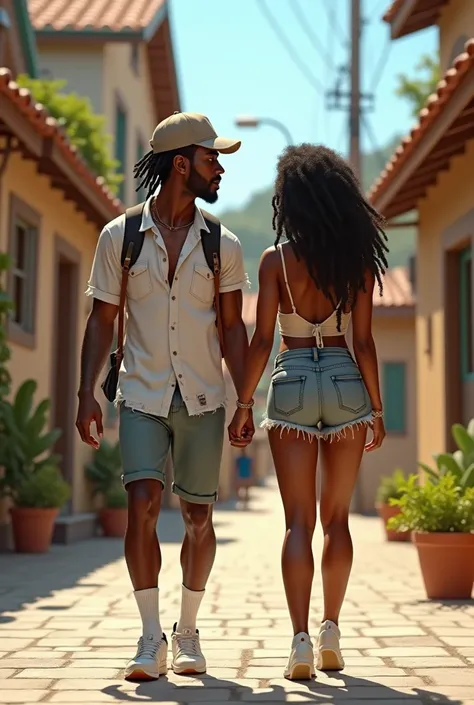 Un homme très beau avec un teint chocolat avec les locks et une casquette, un petit short court et une paire de tennis blanc et chaussettes blanches , un homme légèrement musclé et costaud avec un jolie sac au dos il porte un haut démembré , cet homme est ...