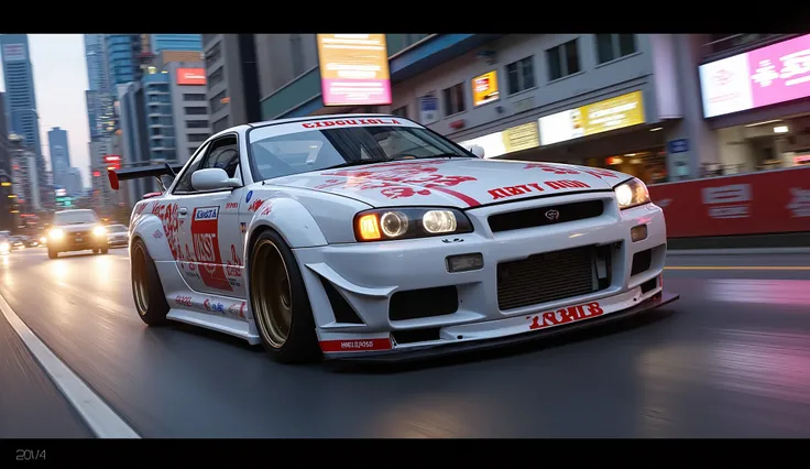 a highly detailed, photorealistic candy white nissan skyline r34 sports car, modified with custom street styling and japanese yakuza styled decals, speeding down an urban city street, escaping from an indonesian police pursuit, dynamic motion blur, dramati...