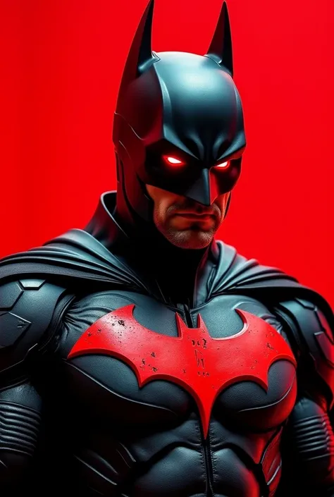 /imagine prompt: Batman, portrayed as Ben Affleck, reimagined in "Fllux" style, wearing a sleek and battle-worn armor with bold black and red tones. The suit features intricate metallic detailing and glowing kanji symbols, combining a futuristic aesthetic ...