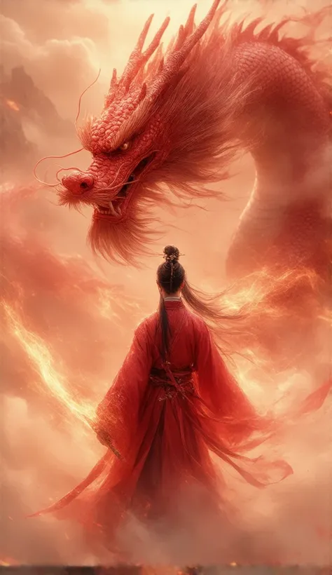 worms eyes view,handsome Chinese yong man, long hair smart look,holding ornamentations legendary red fire gigantic curved sword with intricate exquisite gold Chinese dragon pattern,wearing red gold traditional Chinese pant, beautiful red electric splash fl...