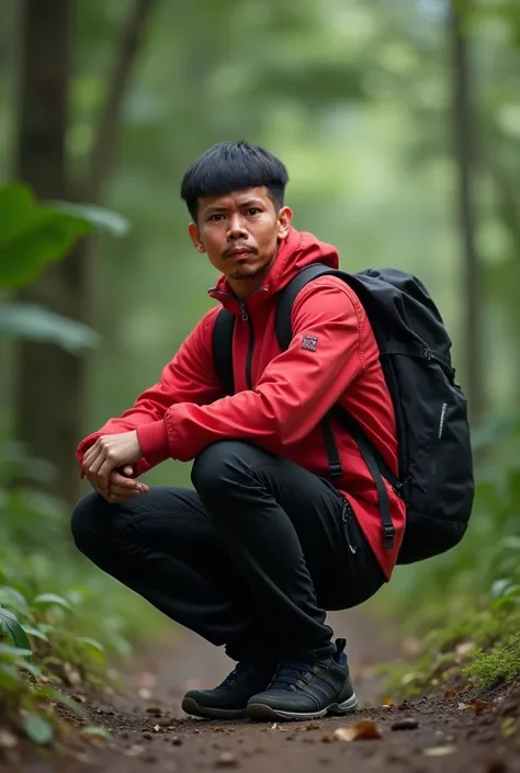 Real human. Photo, shot from sideway habib is Indonesian 23 years old man, short straight black hair, white skin, black expressive eyes, medium body, wearing red jacket, black cargo  pant, black mountain shoes, carrying black bacpack, he is sitting on the ...