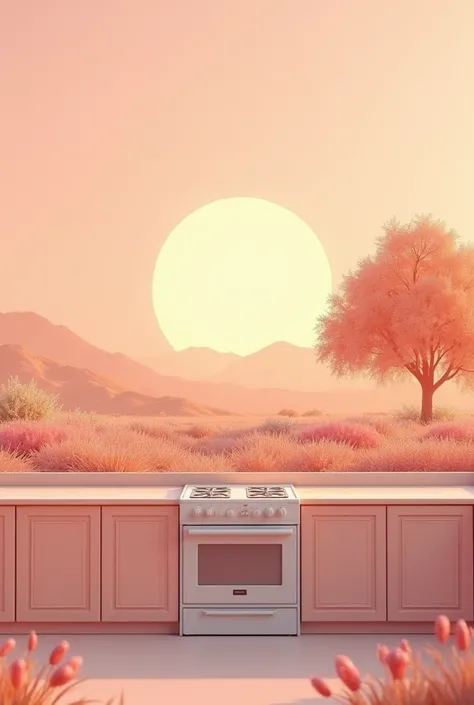 Full outdoor shot of a pastel-toned landscape with a kitchen in the foreground. 


The foreground features a section of a light peach-colored kitchen with cabinets and a white stove. The kitchen countertop is a light beige color. The cabinets have a slight...