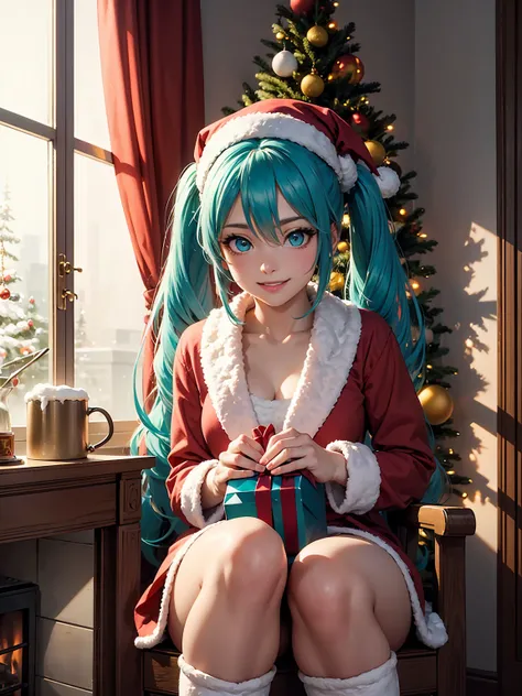 A highly detailed and vibrant 8K anime-style image of a cute girl dressed as Santa Claus in a cozy, festive room decorated for Christmas. The girl has big, sparkling eyes, a cheerful smile, and is wearing a red and white Santa outfit with fluffy trim, a Sa...