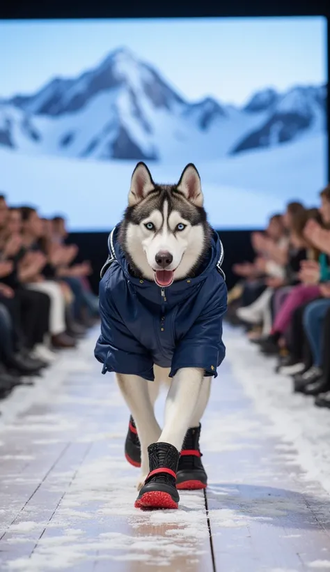 Prompt 2: Athletic Husky in a Sporty Winter Look
A Siberian husky with a striking gray-and-white coat trots confidently down a frost-covered wooden runway, its movements exuding strength and energy. Its piercing blue eyes lock onto the distant horizon, as ...