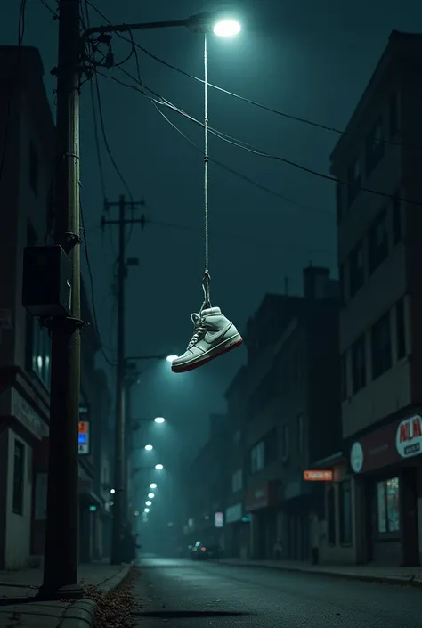 Images of a city light pole at night ,  with white Air Force sneakers hanging from the laces on the wires - dark, 90s, vintage. rap . capa de album mixtape