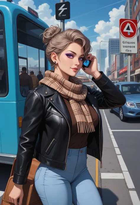 grey pixie haired, brown eyed, purple eye shadow, fit milf waiting on a sidewalk inside of a bus stop at foggy, cloudy air at a city center between skyscrapers and high holding buildings, crowded traffic, big city, and she wears black leather jacket which ...