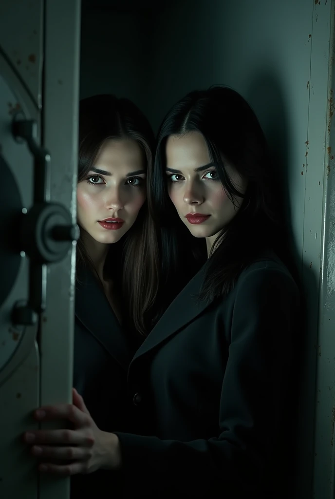 image of two beautiful and scared sisters robbing a safe in a dark tone to make it creepy 