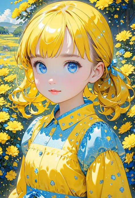 A girl with a big head, a , and big, shiny, cute blue eyes in a yellow dress