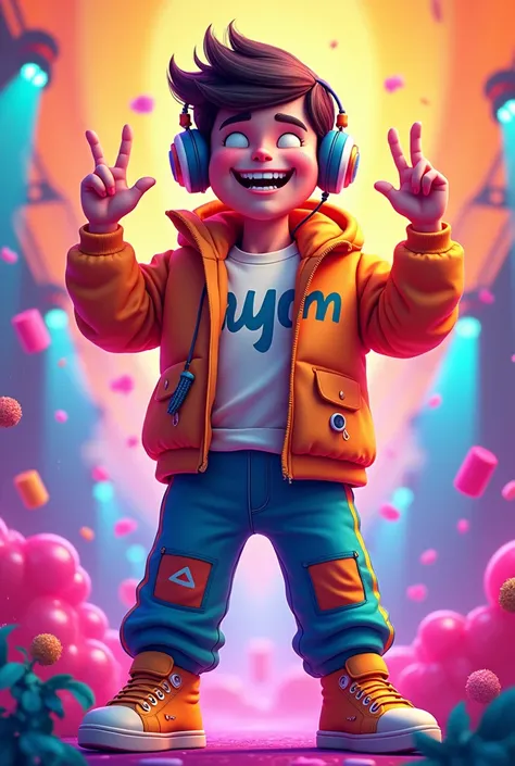 A playful, vibrant Dj character representing ‘Kol-Yom’ standing confidently, wearing a colorful, modern Dj outfit with bold, energetic lines. The character has a fun, approachable vibe,with a bright smile and a relaxed pose. The background is simple yet dy...