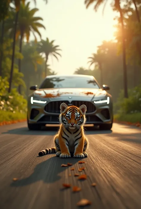 One with a car running in the road and a tiger cub sitting in front 