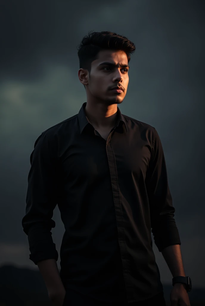 A young pakistani with black shirt at sky with dark background in backdrop with a subtle black lighting of the rate site and side posing for professional photo