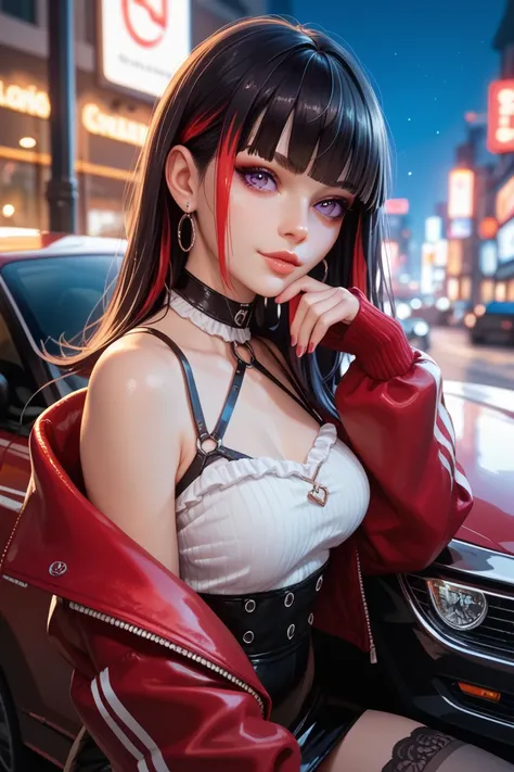 Solo, 1 adult woman, long black hair, fringe highlights red, purple eyes, sexy face, with a car in the night, outfit