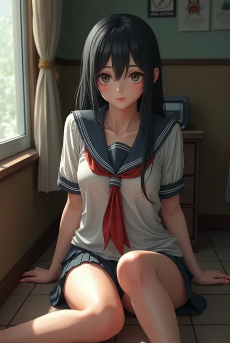 a beautiful young japanese schoolgirl, slender body, disheveled school uniform, sitting with legs spread, underwear visible, low angle view, highly detailed, photorealistic, 8k, hyper-realistic, masterpiece, nude, ((Tentacles)),