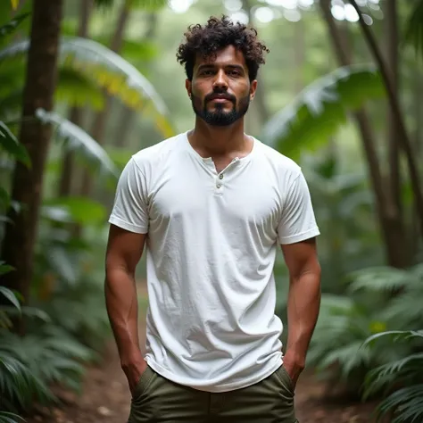 An indigenous native man wearing a white t-shirt , standing ,  poses with her hands in the pockets of adventure shorts  . In the background a tropical forest 
