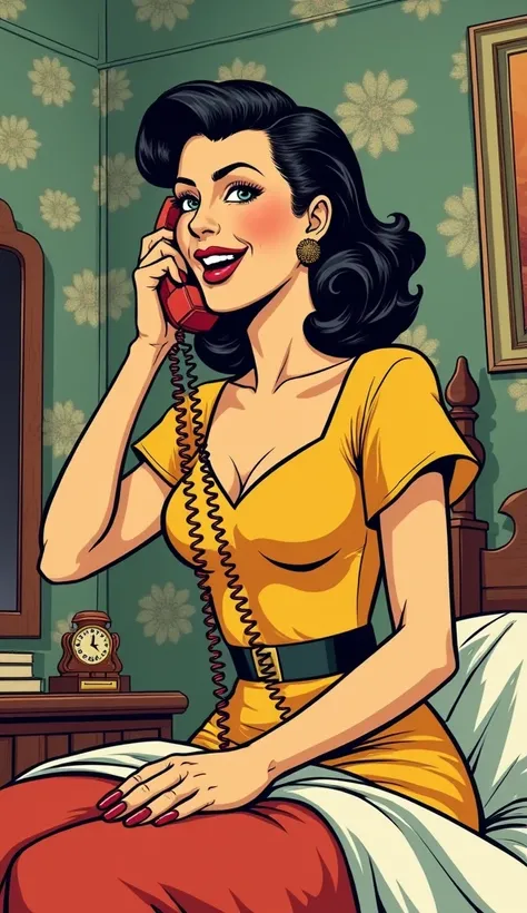 Old school comic picture of a lady making a phone call in her room 