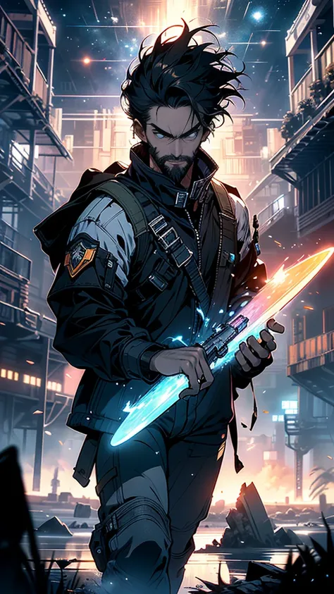 “A rugged space pilot, Kai stands in front of his sleek but battle-worn spaceship. His appearance reflects years of space travel—unkempt dark hair, a short beard, and a haunted look in his eyes. His spacesuit is practical and worn, featuring patches and sc...