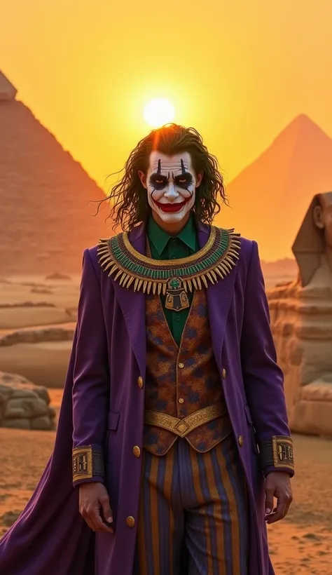 A powerful, Egyptian-inspired version of the Joker, standing in front of the majestic Great Pyramids of Giza under a glowing orange sunset. His pale face is adorned with black and gold markings resembling ancient hieroglyphs, and his green hair cascades wi...