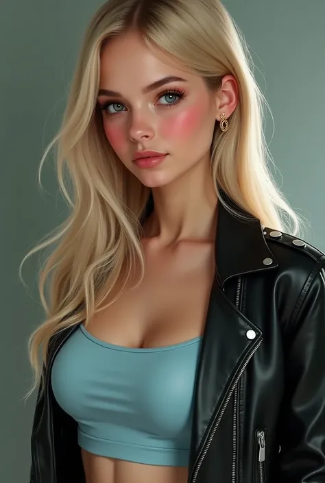 Hot blonde teenage girl with straight hair, small gold earrings, has greyish-green eyes and light reddish blush, hourglass body shape, fairly large breasts, light blue cropped top underneath black leather jacket. 