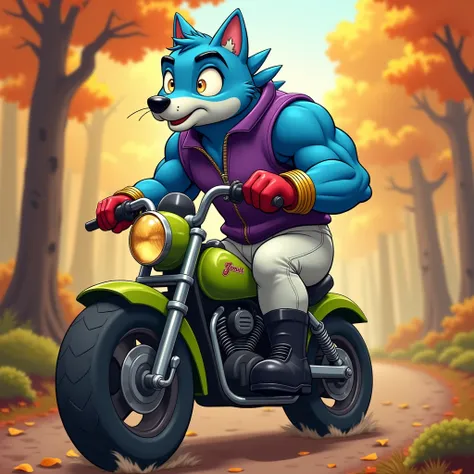 A blue muscular furry dog in gold bracelets , wearing black boots , in white pants,  in a purple zippered sleeveless sweater, wearing red gloves rides a green motorcycle through the autumn forest in cartoon style