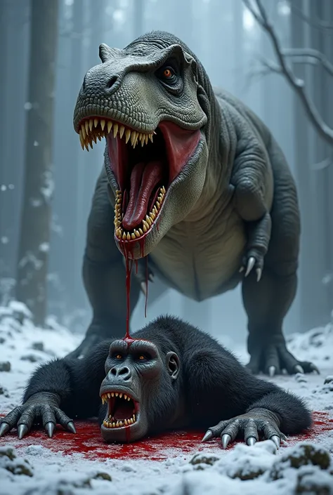 "A hyperrealistic scene of a powerful Tyrannosaurus rex standing triumphantly atop the bloodied, lifeless body of a massive gorilla in a dark, snow-covered environment. The T. rex, colossal and ferocious, stands with its jaws 