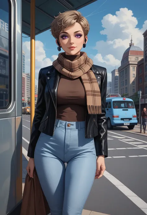 grey pixie haired, brown eyed, purple eye shadow, fit milf waiting on a sidewalk inside of a bus stop at foggy, cloudy air at a city center between skyscrapers and high holding buildings, crowded traffic, big city, and she wears black leather jacket which ...