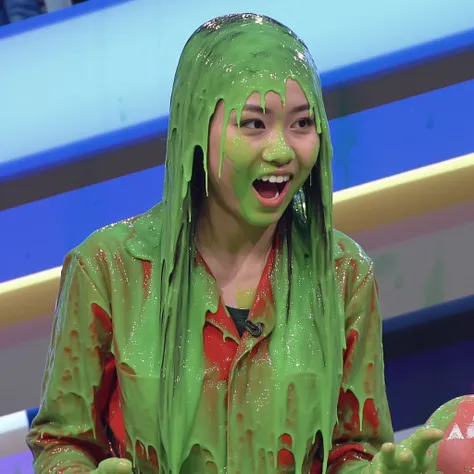 Cinematic photograph of Chinese teen covered in green slime. f/1.4 aperture. hyper-realistic style. (Chinese teen: 1.1). Long fake eyelashes. Dripping green goo. 50mm. 8k. Photorealistic. Glistening liquid. Green slime. Raw photo. Delicate eyes. Instagram ...