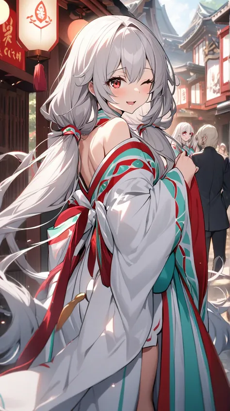 ( best quality, ),  Beautiful Women ( red eyes、 Silver Hair), elements that will get you a little bit out of your mouth、Shrine maiden， well-groomed face from a sense of distance、Perfect fingers and hands (Beautiful hands and fingers)A confident smile、Perfe...