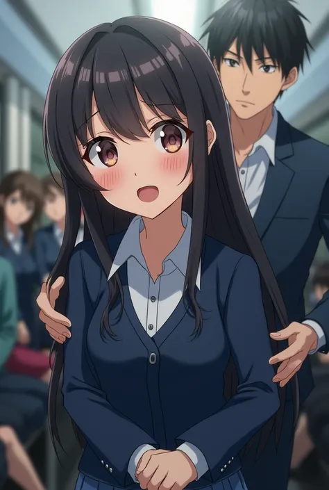  anime style .  A girl in high school clothes on the train being accessed by a man who is behind her.  Focus of the image on the girl .  She seems to be enjoying . She cant resist .