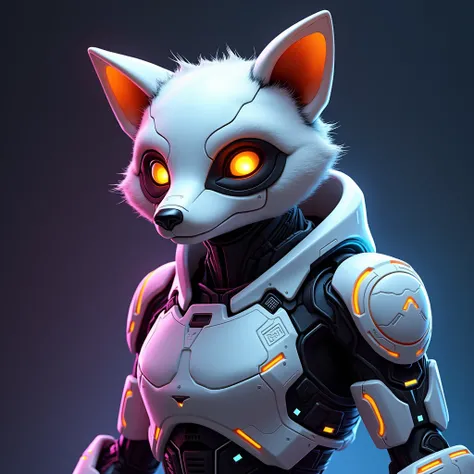 A futuristic robotic racoon with a sleek metallic body, featuring a clean white and orange finish combined with blue glowing neon lines and intricate cybernetic details. The face is smooth and animal-like, with glowing amber eyes and sharp ears resembling ...