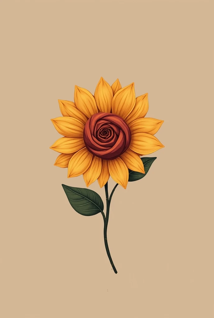 A tattoo of a soft sunflower that looks like a rose in the center of it, that you can see its open petals , Let the rose have a color between red and brown, That the tattoo is minimalist but with color 
