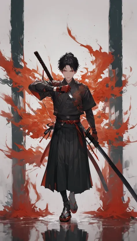 Takahiro Kuroki is a 24-year-old Japanese man with a normal body, reflecting a balance between strength and agility. His black hair is short, slightly messy, but with a disciplined air. He wears a uniform that mixes traditional and modern elements: a black...